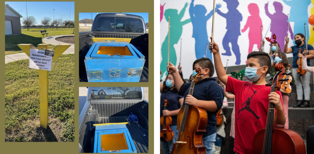 Left - little free libraries in Edinburg; right - elementary school orchestra